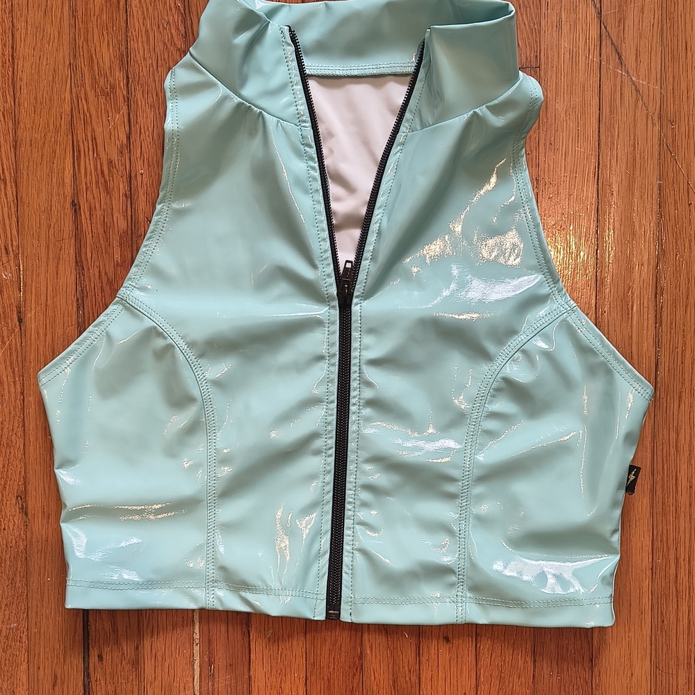 Cleo The Hurricane Shiny Aqua Sleeveless Zip-Up Top
